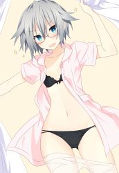 Rule 34 | 10s, 1girl, :d, absurdres, black bra, black panties, blue eyes, bra, breasts, clothes pull, collarbone, colorized, date a live, dutch angle, glasses, hair between eyes, highres, honjou nia, looking at viewer, navel, open clothes, open mouth, open shirt, panties, pantyhose, pantyhose pull, pink shirt, qing cui, shirt, short hair, short sleeves, silver hair, small breasts, smile, solo, sparkle, spiked hair, standing, underwear, white pantyhose