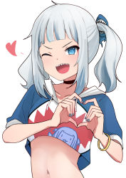 Rule 34 | 1girl, ;d, blue eyes, blue hair, blue nails, blunt bangs, bracelet, choker, gawr gura, h2o (ddks2923), heart, highres, hololive, hololive english, jewelry, looking at viewer, midriff, nail polish, navel, one eye closed, open mouth, sharp teeth, side ponytail, simple background, smile, solo, teeth, virtual youtuber, white background