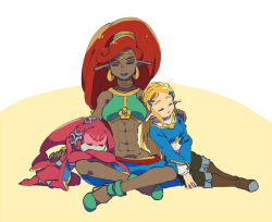 Rule 34 | abs, arm around waist, bare shoulders, black leggings, blonde hair, blue lips, blue shirt, blue skirt, boots, braid, breasts, brown footwear, closed eyes, closed mouth, colored skin, crossed arms, crown braid, dark-skinned female, dark skin, earrings, fins, fish girl, furry, furry female, gerudo, green footwear, hair ornament, hairclip, hand on another&#039;s shoulder, happy, head fins, head tail, headpiece, high heels, hoop earrings, indian style, jewelry, knee boots, layered sleeves, leaning forward, leggings, legs together, long hair, long sleeves, medium breasts, midriff, mipha, multicolored skin, neck ring, necklace, open mouth, parted bangs, pointy ears, ponytail, princess zelda, red hair, red skin, sandals, shirt, simple background, sitting, skirt, sleeping, small breasts, smile, straight-on, swept bangs, the legend of zelda, the legend of zelda: breath of the wild, toned, two-tone background, two-tone skin, u u, ukata, urbosa, white skin, yellow background, zora