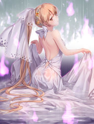 Rule 34 | 1girl, afloat, ass, bare arms, bare back, bare shoulders, blonde hair, circlet, closed mouth, cowboy shot, dress, expressionless, from behind, geroro, long hair, looking back, orange eyes, original, ponytail, rain, see-through, skirt hold, sleeveless, sleeveless dress, solo, veil, very long hair, wading, water, wedding dress, white dress
