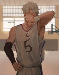 Rule 34 | 1boy, alternate hair length, alternate hairstyle, artist name, basketball hoop, basketball uniform, black sleeves, blurry, blurry background, commentary, detached sleeves, facial mark, forehead mark, hand on own hip, highres, indoors, inuyasha, male focus, mmmilk, parted lips, pointy ears, sesshoumaru, short hair, solo, sportswear, sweat, tank top, upper body, whisker markings, white hair, wiping sweat, yellow eyes