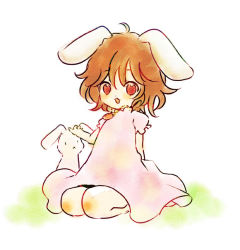 Rule 34 | 1girl, animal ears, bad id, bad pixiv id, brown hair, rabbit, rabbit ears, dress, female focus, ica, inaba tewi, outdoors, plant, red eyes, short hair, sitting, solo, touhou, white background