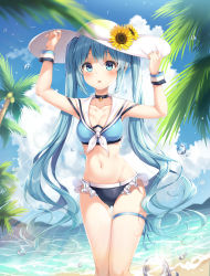 Rule 34 | 1girl, absurdres, armpits, arms up, bare shoulders, beach, black choker, blue eyes, blue hair, blue sky, breasts, choker, cleavage, cloud, collarbone, crop top, dangmyo, day, flower, gluteal fold, groin, hat, hat flower, hatsune miku, highres, huge filesize, long hair, looking at viewer, medium breasts, navel, ocean, palm tree, parted lips, sailor bikini, sailor collar, sidelocks, skindentation, sky, solo, standing, stomach, sun hat, sunflower, swimsuit, thigh strap, thighs, tree, twintails, very long hair, vocaloid, water, white hat, white sailor collar, wrist cuffs, yellow flower