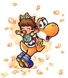 Rule 34 | 1boy, 1girl, baby, baby daisy, bib, blue footwear, blush stickers, boots, brown hair, closed eyes, crown, full body, highres, keidontlie, looking at viewer, mario (series), nintendo, official style, open mouth, orange petals, pacifier, simple background, white background, yoshi, yoshi&#039;s island ds, yoshi&#039;s island ds (style)