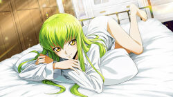 Rule 34 | 1girl, ass, bare legs, barefoot, bed, bed sheet, bottomless, c.c., closed mouth, code geass, code geass: lost stories, copyright name, crossed arms, feet, green hair, hair between eyes, indoors, long hair, long sleeves, looking at viewer, lying, naked shirt, on bed, on stomach, pillow, shirt, smile, solo, sparkle, straight hair, sunlight, textless version, toes, very long hair, white shirt, wooden floor, yellow eyes