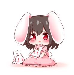 Rule 34 | 1girl, :3, :o, animal, animal ears, artist name, black hair, blush, carrot necklace, chibi, child, closed mouth, commentary request, hair between eyes, holding, inaba tewi, jewelry, necklace, open mouth, puffy short sleeves, puffy sleeves, rabbit, rabbit ears, rabbit girl, rabbit tail, red eyes, short sleeves, sitting, solo, tail, touhou, yairenko, | |