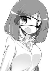 Rule 34 | &gt;:o, 1girl, alternate breast size, arms at sides, breasts, collared shirt, commentary, eyepatch, fang, gagaga, greyscale, hair between eyes, hayasaka mirei, idolmaster, idolmaster cinderella girls, large breasts, long sleeves, looking at viewer, monochrome, multicolored hair, shirt, simple background, solo, streaked hair, sweater, upper body, v-shaped eyebrows, white background, wing collar