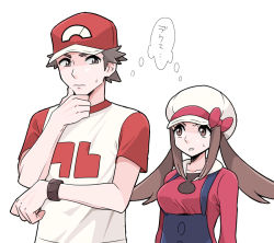 Rule 34 | 1boy, 1girl, alternate hair length, alternate hairstyle, bad id, bad pixiv id, baseball cap, blouse, brown eyes, brown hair, closed mouth, commentary request, creatures (company), eye contact, game freak, hand on own chin, hat, long hair, looking at another, lyra (pokemon), nintendo, overalls, pokemon, pokemon hgss, pokemon sm, pumpkinpan, red (pokemon), red headwear, red shirt, shirt, short hair, short sleeves, sidelocks, spiked hair, stroking own chin, sweatdrop, t-shirt, thought bubble, translation request, twintails, white background, white headwear