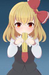 Rule 34 | 1girl, black vest, blonde hair, bow, closed mouth, hair bow, highres, holding, long sleeves, looking at viewer, medium hair, outdoors, red bow, red eyes, red neckwear, rumia, shirt, sky, smile, solo, star (sky), starry sky, takapi 3, tanabata, touhou, vest, white shirt