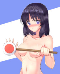 Rule 34 | 1girl, areola slip, bad id, bad twitter id, black eyes, black hair, bob cut, breasts, closed mouth, embarrassed, girls und panzer, highres, holding, inatomi hibiki, light frown, looking at viewer, medium breasts, medium hair, nanjou satoshi, navel, nude, sign, solo, upper body