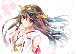 Rule 34 | 10s, 1girl, bad id, bad pixiv id, baltika, bare shoulders, black hair, brown eyes, cherry blossoms, detached sleeves, hairband, haruna (kancolle), japanese clothes, kantai collection, long hair, looking at viewer, personification, petals, ribbon-trimmed sleeves, ribbon trim, smile, solo