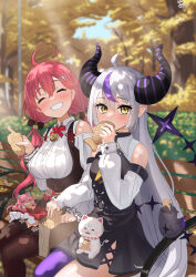 Rule 34 | 2girls, 35p (sakura miko), absurdres, ahoge, ascot, asymmetrical hair, autumn, bell, bench, black dress, black thighhighs, blurry, blurry background, blush, braid, breasts, closed eyes, clothing cutout, commentary, crow (la+ darknesss), dappled sunlight, day, demon horns, detached sleeves, dress, eating, feet out of frame, flower, flower knot, food, framed breasts, french braid, frilled skirt, frills, garter straps, grey hair, grin, hair between eyes, hair flower, hair ornament, hairclip, happy, highres, holding, holding food, hololive, horns, kintoki (sakura miko), la+ darknesss, la+ darknesss (1st costume), long hair, looking at viewer, medium breasts, miniskirt, multicolored hair, multiple girls, nanaushi, neck bell, neck ribbon, official alternate costume, orange ascot, outdoors, pantyhose, pink hair, plaid, plaid skirt, pointy ears, purple hair, purple pantyhose, red ribbon, red skirt, ribbon, sakura miko, sakura miko (casual), shirt, shoulder cutout, single braid, single leg pantyhose, sitting, skirt, small breasts, smile, streaked hair, striped horns, sunlight, sweatdrop, taiyaki, teeth, thighhighs, tree, twintails, two-tone hair, underbust, very long hair, virtual youtuber, wagashi, white shirt, wing collar, yellow eyes, zettai ryouiki