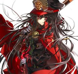 Rule 34 | 1girl, black hair, black hat, black jacket, buttons, cape, chain, commentary, crest, double-breasted, family crest, fate/grand order, fate (series), gloves, gun, hat, holding, holding gun, holding sword, holding weapon, jacket, military, military hat, military uniform, oda nobunaga (fate), oda nobunaga (koha-ace), peaked cap, red cape, red eyes, shino (eefy), smile, solo, sword, uniform, weapon, white gloves