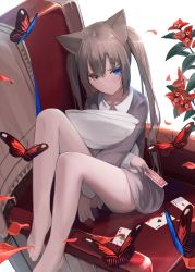 1girl absurdres animal_ears barefoot blue_eyes bottomless bougainvillea_(flower) brown_eyes brown_hair bug butterfly card closed_mouth flower hair_between_eyes hair_ears heterochromia highres holding holding_card hugging_object insect long_hair mikisai original pillow sidelocks sitting solo thighs twintails white_background