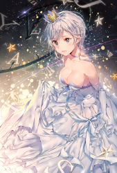 Rule 34 | 1girl, anastasia (idolmaster), aqua eyes, bad id, bad pixiv id, bare shoulders, blush, breasts, cleavage, crown, dress, dsmile, elbow gloves, gloves, hat, idolmaster, idolmaster cinderella girls, medium breasts, neck ribbon, open mouth, revision, ribbon, short hair, silver hair, sky, smile, solo, star (sky), starry sky, white dress, white gloves