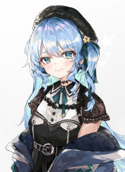 Rule 34 | 1girl, beret, black dress, black hat, blue eyes, blue hair, blue jacket, blush, bow, closed mouth, commentary request, dress, green bow, green eyes, green hair, grey background, hair between eyes, hair bow, hair ornament, hat, hololive, hoshimachi suisei, jacket, long hair, looking at viewer, multicolored hair, off shoulder, open clothes, open jacket, see-through, see-through sleeves, short sleeves, smile, solo, star (symbol), star hair ornament, two-tone hair, two side up, very long hair, virtual youtuber, zairen