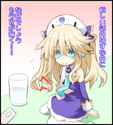 Rule 34 | 10s, 1girl, arm warmers, bare shoulders, black border, blonde hair, border, bow, detached sleeves, dress, drink, glass, green eyes, hair between eyes, hair bow, hair ornament, hand on own stomach, histoire, long hair, looking at viewer, medicine, mini person, minigirl, necktie, neptune (series), pill, purple bow, purple dress, shaded face, sitting, smile, solo, stomach ache, sweat, taka (suigendou), thighhighs, translated, twintails, water