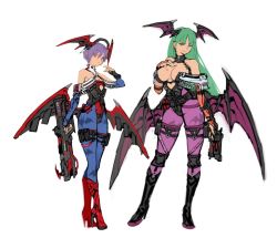 Rule 34 | 2girls, adapted costume, animal print, assault rifle, bare shoulders, bat print, bat wings, black footwear, black leotard, blue pantyhose, boots, breasts, bullpup, capcom, character name, cleavage, clothing cutout, commentary, demon girl, detached collar, detached sleeves, english commentary, flat chest, flat color, full body, green eyes, green hair, gun, handgun, head wings, heart cutout, hichi, high heel boots, high heels, highleg, highleg leotard, hime cut, holding, holding gun, holding weapon, knee boots, knee pads, large breasts, leotard, lilith aensland, long legs, mechanical wings, morrigan aensland, multiple girls, pantyhose, pistol, print legwear, purple hair, purple legwear, red eyes, red footwear, red leotard, revolver, rifle, short hair, siblings, sisters, sketch, smile, standing, stiletto heels, thigh strap, unfinished, vampire (game), weapon, white background, wings