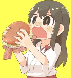 Rule 34 | 1girl, akagi (kancolle), bacon, black eyes, black hair, blush, commentary, drooling, eating, food, burger, inishie, japanese clothes, kantai collection, long hair, open mouth, solo, sweat, tasuki, upper body, yellow background