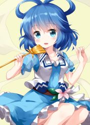 Rule 34 | 1girl, aqua eyes, blue dress, blue hair, chisel, collared vest, dress, flower, frilled dress, frills, hair rings, highres, holding, index finger raised, kaku seiga, looking at viewer, medium hair, open mouth, pink flower, ruu (tksymkw), shawl, short sleeves, simple background, sitting, smile, solo, touhou, vest, white vest, yellow background