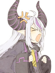 Rule 34 | &gt; &lt;, 1girl, abara heiki, ahoge, anger vein, ascot, black jacket, demon horns, fang, from side, grey hair, hololive, horns, jacket, la+ darknesss, long hair, long sleeves, metal, open mouth, pointy ears, purple hair, solo, v-shaped eyebrows, virtual youtuber, wide sleeves, yellow ascot