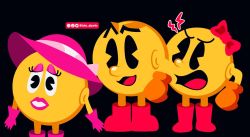 Rule 34 | 1boy, 2girls, angry, black background, boots, bow, confused, creature, eyelashes, eyeshadow, full body, gloves, hat, lipstick, lolo aburto, long nose, makeup, mature female, mittens, ms. pac-man, multiple girls, namco, no humans, no nose, open mouth, orange gloves, pac-man, pac-man (game), pac-man eyes, pac-mom, pink eyeshadow, pink gloves, pink headwear, pink lips, red bow, red footwear, red ribbon, ribbon, standing