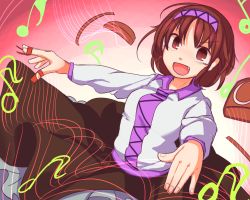 Rule 34 | 1girl, :d, blush, brown eyes, brown hair, brown skirt, commentary request, fang, furorina, hairband, long sleeves, looking at viewer, musical note, open mouth, quaver, short hair, skirt, smile, solo, touhou, tsukumo yatsuhashi, upper body, v-shaped eyebrows