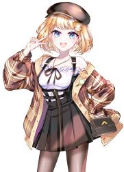 Rule 34 | 1girl, :d, absurdres, bag, bare shoulders, black hat, black pantyhose, black skirt, blonde hair, blue eyes, breasts, brown coat, cabbie hat, coat, commentary request, contrapposto, frilled shirt, frills, hair ornament, hand on own hip, handbag, hat, high-waist skirt, highres, hololive, hololive english, holster, looking at viewer, medium breasts, off-shoulder shirt, off shoulder, official alternate hairstyle, open mouth, pantyhose, plaid, plaid coat, see-through, see-through legwear, shirt, short hair, shoulder holster, simple background, skirt, smile, solo, sowon, suspender skirt, suspenders, transparent background, variant set, virtual youtuber, watson amelia, watson amelia (street casual), white shirt, zipper skirt