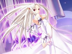 Rule 34 | 1girl, arms behind back, bare shoulders, detached sleeves, dress, game cg, hair ornament, hairpin, kannagi rei, kasuga karin, long hair, looking back, princess witches, red eyes, ribbon, smile, solo, staff, white hair