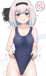 Rule 34 | 1girl, bare shoulders, blue eyes, blue one-piece swimsuit, blush, bob cut, breasts, cleavage, commentary request, finaltakenoko, groin, highres, konpaku youmu, konpaku youmu (ghost), looking at viewer, one-piece swimsuit, pulling, school swimsuit, shiny skin, simple background, solo, swimsuit, thighs, tongue, touhou, white background, white hair