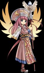 Rule 34 | 1girl, blue eyes, boots, brown footwear, dress, full body, gate of nightmares, hat, highres, holding, holding polearm, holding weapon, long hair, lumina (gate of nightmares), mashima hiro, official art, orange wings, pink dress, pink hair, polearm, simple background, solo, tachi-e, transparent background, weapon