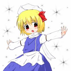 Rule 34 | 1girl, :o, apron, armband, blonde hair, blush stickers, cosplay, fang, female focus, hair ribbon, hat, iruru5666, letty whiterock, letty whiterock (cosplay), long sleeves, looking at viewer, open hand, open mouth, outstretched arms, red eyes, ribbon, rumia, scarf, shirt, short hair, simple background, skirt, snowflakes, solo, touhou, vest, white background