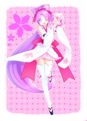 Rule 34 | 10s, 1girl, alternate form, bad id, bad pixiv id, bare shoulders, bow, bow-shaped hair, chiikorin, cure fortune, cure fortune (anmitsu komachi), detached sleeves, earrings, frills, hair bow, happinesscharge precure!, hikawa iona, japanese clothes, jewelry, long hair, magical girl, one eye closed, open mouth, pink background, ponytail, precure, purple eyes, purple hair, sandals, skirt, smile, solo, thighhighs, very long hair, white thighhighs, wide ponytail