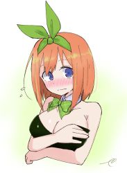Rule 34 | 1girl, bare arms, bare shoulders, blush, bow, breasts, brown hair, cleavage, closed mouth, collar, commentary request, cropped torso, detached collar, flying sweatdrops, go-toubun no hanayome, green bow, green leotard, green ribbon, hair ribbon, highres, kujou karasuma, large breasts, leotard, looking at viewer, nakano yotsuba, nose blush, purple eyes, ribbon, signature, solo, strapless, strapless leotard, upper body, wavy mouth, white collar