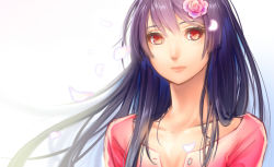Rule 34 | 1girl, face, flower, hair ornament, ko-on (ningen zoo), lips, long hair, original, petals, purple hair, red eyes, red hair, simple background, smile, solo, white background