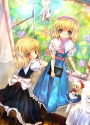 Rule 34 | 2girls, alice margatroid, arm support, blue dress, blue eyes, book, boots, bow, capelet, cross-laced footwear, dress, female focus, flower, hairband, hydrangea, indoors, kirisame marisa, kneeling, lace-up boots, large bow, looking back, multiple girls, nature, no headwear, no headwear, outdoors, plant, rain, shanghai doll, short hair, short sleeves, smile, standing, teruterubouzu, torii sumi, touhou, window, yellow eyes