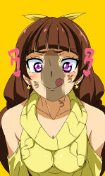 Rule 34 | 1girl, :q, absurdres, amanogawa kirara, bare shoulders, blunt bangs, bow, breasts, brown hair, cardigan, cleavage, earrings, go! princess precure, hair bow, highres, jewelry, licking lips, long hair, looking at penis, penis, penis shadow, precure, shadow, simple background, solo, star (symbol), star earrings, tongue, tongue out, upper body, vu-hakase, yellow background
