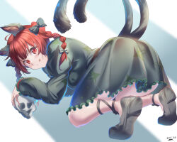 Rule 34 | 1girl, :q, absurdres, animal ear fluff, animal ears, ass, black bow, black footwear, bow, braid, cat ears, cat tail, dress, green dress, hair bow, highres, kaenbyou rin, long sleeves, looking at viewer, looking back, multiple tails, nekomata, red eyes, red hair, shoes, skull, solo, tail, tongue, tongue out, top-down bottom-up, touhou, twin braids, two tails, yujin (kanouyuuto-0423)