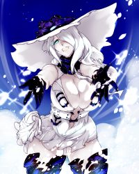 Rule 34 | 10s, 1girl, abyssal ship, anchor, black flower, black gloves, black scarf, black thighhighs, blue eyes, blush, breasts, cleavage, cloud, dandara (karakure), dress, flower, gloves, glowing, glowing eyes, hair over one eye, hat, hat flower, highres, huge breasts, kantai collection, large breasts, leaning forward, long hair, open mouth, outdoors, pale skin, reaching, reaching towards viewer, scarf, seaport summer princess, sky, sleeveless, sleeveless dress, solo, splashing, sun hat, teeth, thighhighs, tied dress, white dress, white hair, white hat