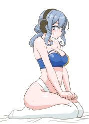 Rule 34 | 1girl, bandeau, bikini, blue bandeau, blue eyes, blue hair, breasts, cleavage, commentary request, gotland (kancolle), hair bun, headphones, kantai collection, large breasts, long hair, looking at viewer, mismatched bikini, mole, mole under eye, race queen, seiza, simple background, single hair bun, sitting, solo, swimsuit, tamu (mad works), thighhighs, white background, white thighhighs