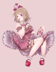 Rule 34 | 10s, 1girl, 2 yoshi 22, brown eyes, brown hair, chocolate, frills, gem, heart, highres, idolmaster, idolmaster cinderella girls, idolmaster cinderella girls starlight stage, jewelry, licking, licking finger, looking at viewer, looking to the side, matching hair/eyes, mimura kanako, pearl (gemstone), pendant, red footwear, ribbon, shoes, sitting, skirt, solo, tongue, tongue out