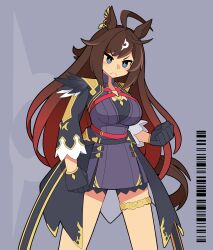 Rule 34 | 1girl, absurdres, ahoge, animal ears, black jacket, black shirt, blue eyes, breasts, clenched hands, commentary request, cow, cowboy shot, duramente (umamusume), ear ornament, ear piercing, feathers, frown, grey background, hair between eyes, highres, horse ears, horse girl, horse tail, jacket, large breasts, long hair, looking at viewer, multicolored hair, piercing, shirt, simple background, solo, soulmaster uwu, streaked hair, tail, thigh strap, umamusume, v-shaped eyebrows, very long hair, white hair