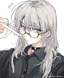 Rule 34 | 1girl, bespectacled, black choker, black shirt, chinese commentary, choker, closed mouth, collared shirt, commentary request, dress shirt, girls band cry, glasses, grey eyes, grey hair, hair between eyes, highres, kawaragi momoka, long hair, looking at viewer, multicolored hair, roots (hair), shirt, sidelocks, simple background, siy (shengxiu760722), solo, upper body, weibo watermark, white background