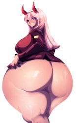 Rule 34 | 1girl, absurdres, ass, blush, bottomless, breasts, clenched teeth, darling in the franxx, from behind, green eyes, highres, horns, huge ass, large breasts, long hair, pink hair, plump, riendonut, solo, teeth, thick thighs, thighs, white background, wide hips, zero two (darling in the franxx)