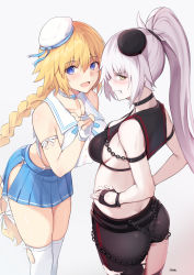 Rule 34 | 2girls, absurdres, ahoge, angry, ass, bare shoulders, bee doushi, bikini, blonde hair, blue eyes, blush, braid, breasts, butt crack, chain, clenched teeth, fate/grand order, fate (series), fingerless gloves, gloves, hat, highres, jeanne d&#039;arc (fate), jeanne d&#039;arc (mystery treasure) (fate), jeanne d&#039;arc (ruler) (fate), jeanne d&#039;arc alter (fate), jeanne d&#039;arc alter (mystery treasure) (fate), large breasts, long hair, looking at viewer, looking back, multiple girls, official alternate costume, open mouth, pale skin, ponytail, shiny skin, short shorts, shorts, sideboob, single braid, skirt, smile, swimsuit, teeth, thighhighs, torn clothes, very long hair, white background, white hair, yellow eyes