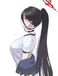 Rule 34 | 1girl, black choker, black hair, blue archive, blue jacket, blush, breasts, choker, closed mouth, commentary, cropped torso, from side, gym uniform, hair between eyes, halo, hasumi (blue archive), hasumi (track) (blue archive), jacket, large breasts, long hair, looking at viewer, machico maki, mole, mole under eye, open clothes, open jacket, ponytail, profile, red eyes, shirt, simple background, solo, upper body, very long hair, white background, white shirt