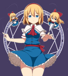 Rule 34 | &gt;:(, 1girl, alice margatroid, apron, ascot, bad id, bad pixiv id, black eyes, blonde hair, blue dress, blue eyes, bow, breasts, capelet, closed mouth, clothes lift, cowboy shot, doll, dress, dress lift, english text, engrish text, enushi (toho193), frilled dress, frills, frown, hair between eyes, hair bow, hairband, highres, holding, holding weapon, jewelry, lance, long hair, looking at viewer, magic circle, medium breasts, polearm, puppet rings, puppet strings, purple background, ranguage, red ascot, red bow, red hairband, ring, sash, shanghai doll, short hair, short sleeves, sidelocks, simple background, string, thigh gap, thighs, touhou, v-shaped eyebrows, waist apron, weapon, white apron, wind, wind lift