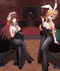 Rule 34 | 2girls, :d, animal ears, bare arms, bare shoulders, black footwear, black pantyhose, blonde hair, blunt bangs, blush, bow, bowtie, breasts, brown hair, card, casino card table, champagne flute, chandelier, chinese knot, christmas spirit carol, cleavage, closed mouth, commentary, crossed legs, cup, detached collar, drinking glass, exorcist miya, flower, frilled hairband, frills, guardian tales, hair between eyes, hair bow, hair flower, hair ornament, hairband, high heels, highres, holding, holding tray, indoors, large breasts, leotard, long hair, looking at viewer, medium breasts, multiple girls, open mouth, painting (object), pantyhose, playboy bunny, playing card, purple eyes, rabbit ears, red ribbon, ribbon, shootingstar masa, sitting, smile, strapless, strapless leotard, swivel chair, table, tray, wing collar, wrist cuffs, yellow eyes