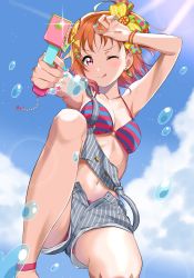 Rule 34 | 1girl, :q, ahoge, anklet, arm up, armpits, bikini, blue bikini, bow, bracelet, breasts, cleavage, cloud, earrings, foreshortening, gorilla-shi, hair bow, hair ornament, hand on forehead, highres, jewelry, looking at viewer, love live!, love live! school idol festival, love live! school idol festival all stars, love live! sunshine!!, medium breasts, multicolored nails, nail polish, navel, one eye closed, orange hair, overall shorts, overalls, red bikini, red eyes, short hair, shorts, sky, smile, solo, stomach, strap slip, striped bikini, striped clothes, striped shorts, swimsuit, takami chika, tongue, tongue out, upshorts, water drop, water gun
