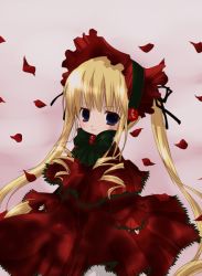 Rule 34 | 00s, 1girl, blonde hair, blue eyes, blush, bonnet, bow, bowtie, capelet, dress, green bow, green bowtie, lolita fashion, long hair, long sleeves, looking at viewer, petals, red dress, rose petals, rozen maiden, shinku, sidelocks, sleeves past wrists, smile, solo, twintails, very long hair